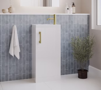 400mm White Cloakroom Freestanding Vanity Unit with Basin and Brass Handle – Ashford