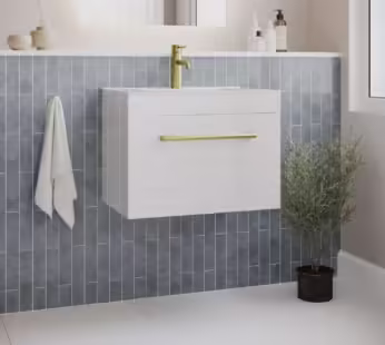 600 mm White Wall Hung Vanity Unit with Basin and Brass Handle – Ashford