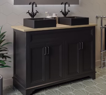 1200mm Black Freestanding Double Vanity Unit With Wood Worktop and Black Square Basins -Camden