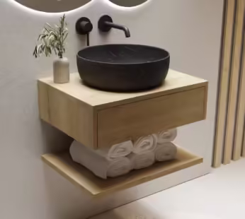 600mm Wood Effect Wall Hung Countertop Vanity Unit with Black Marble Effect Basin and Shelf – Lugo