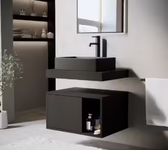 600mm Black Wall Hung Countertop Vanity Unit with Black Rectangular Basin and Shelves – Porto