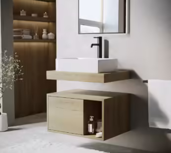600mm Wood Effect Wall Hung Countertop Vanity Unit with Rectangular Basin and Shelf – Porto