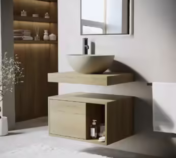 600mm Wood Effect Wall Hung Countertop Vanity Unit with Unglazed Basin and Shelf – Porto
