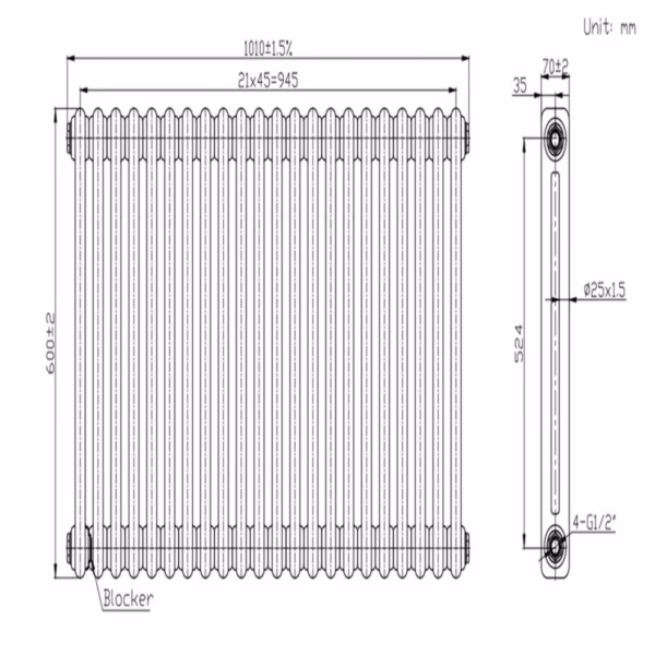Anthracite Horizontal 2 Column Traditional Radiator 600 x 1010mm - Nambi - Image 3