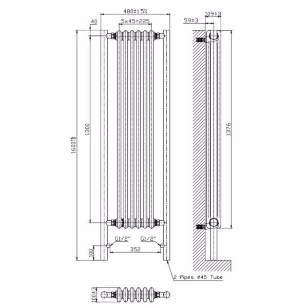 White and Black Vertical Traditional Column Radiator 1600 x 480mm- Regent - Image 4